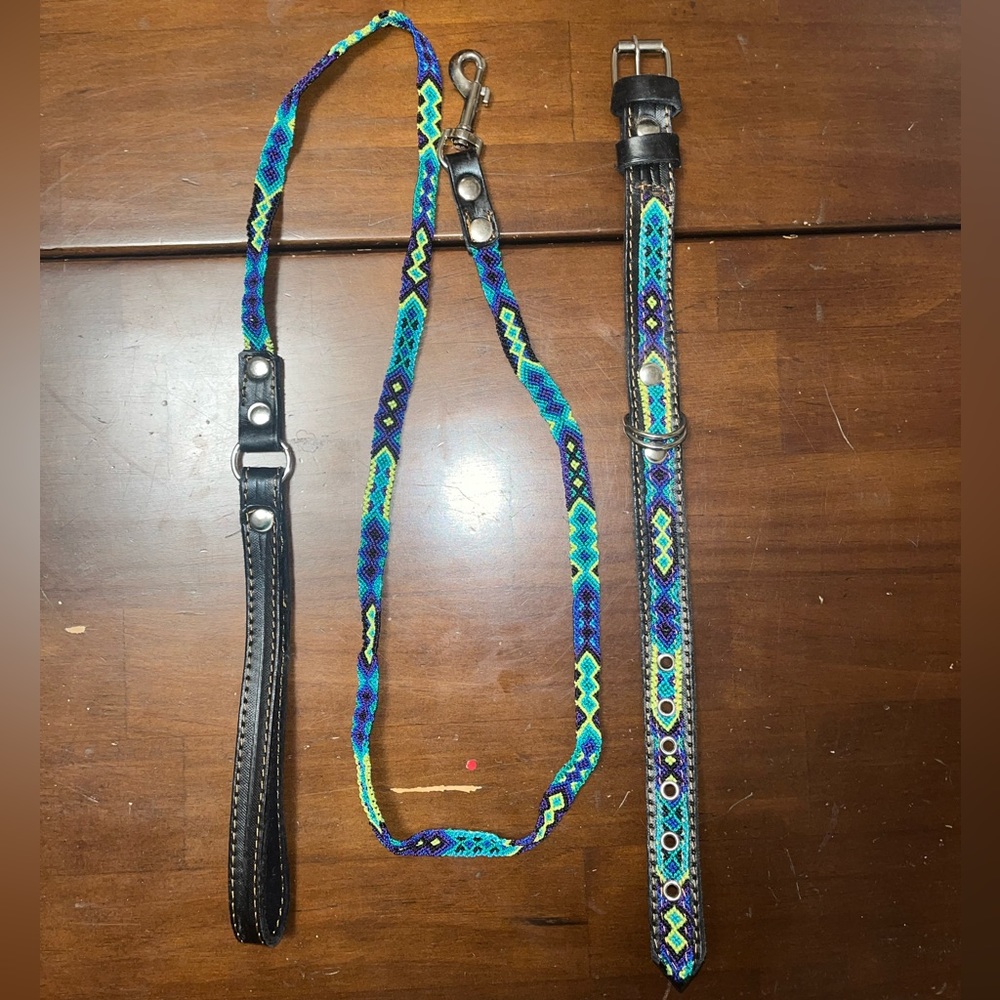 Mexican Embroidered Leather Dog Collar and Leash - Handmade and Brand New